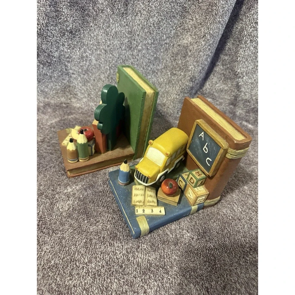 Vintage School Bookends Set Teacher Apple ABC Blocks Books Bus ‎ Decor Resin